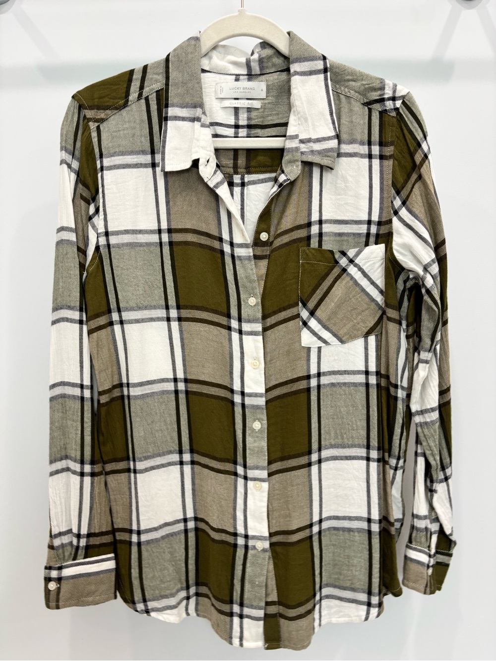 Lucky Brand Olive and White Plaid Button-Down Shirt